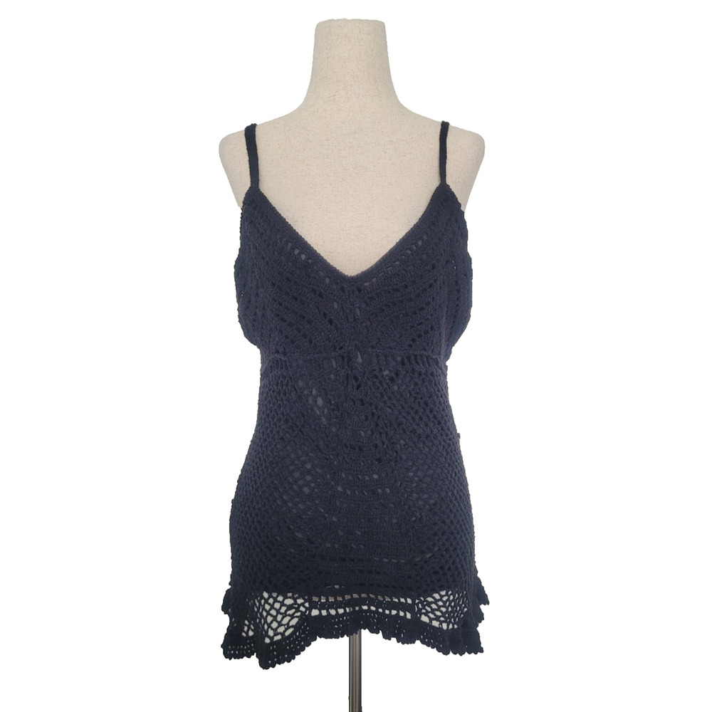 Y2k Crochet Open Knit Babydoll Top Size S Black Whimsigoth Fairy Grunge Witchy